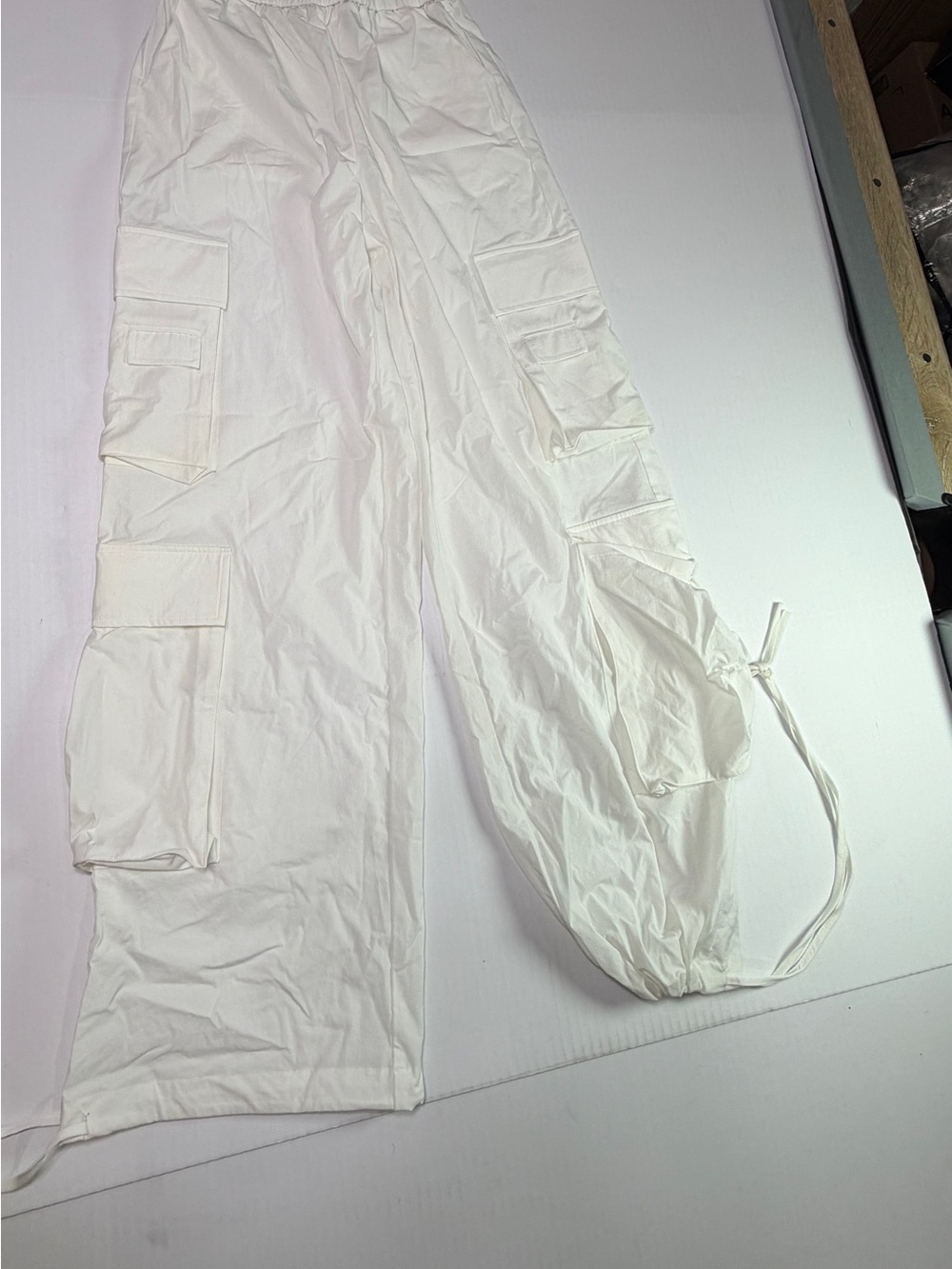 White Cargo Track Pants with Drawstring Hem